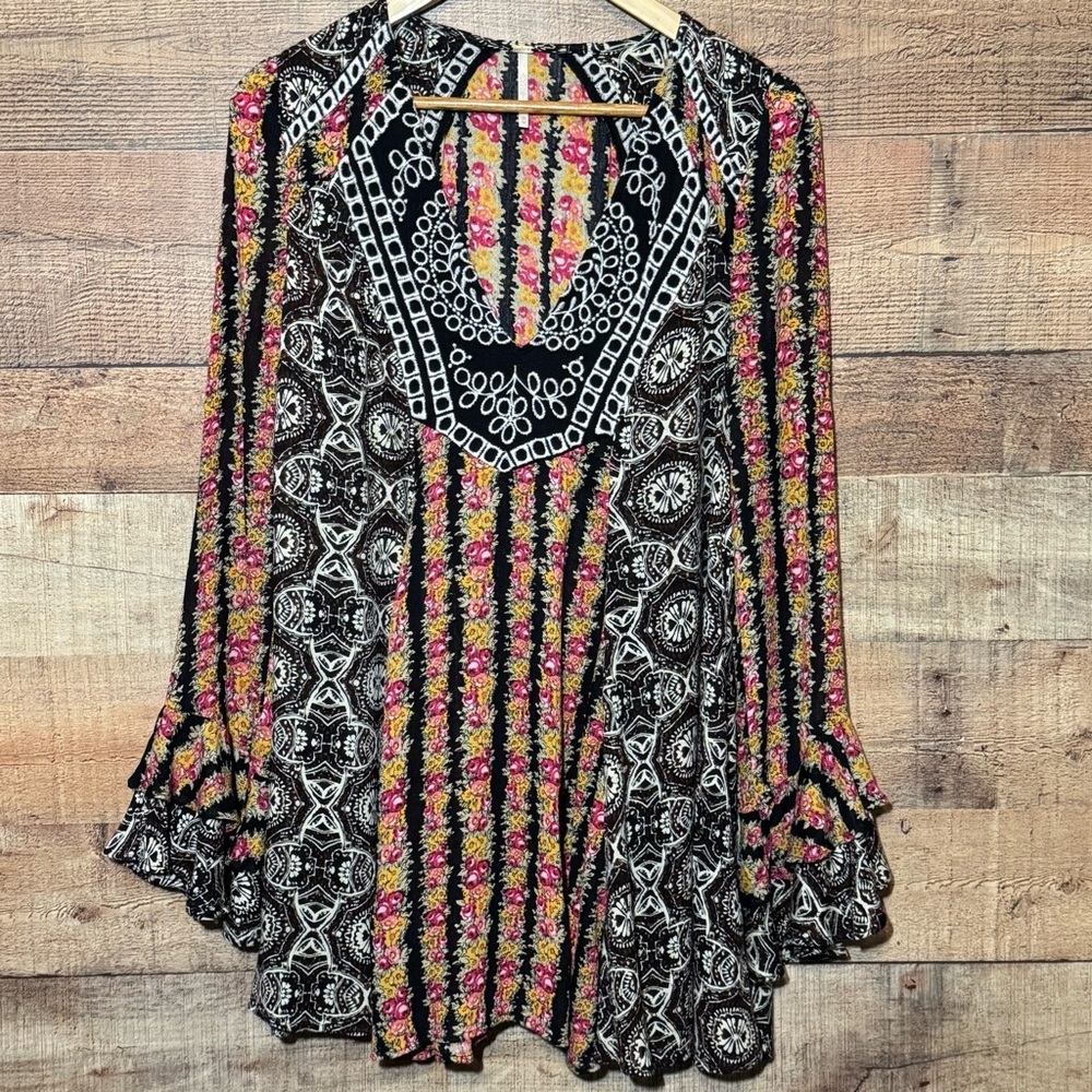 FREE PEOPLE Fallin Into You Long Sleeve Tunic Dress Black Combo size XS - Picture 2 of 14